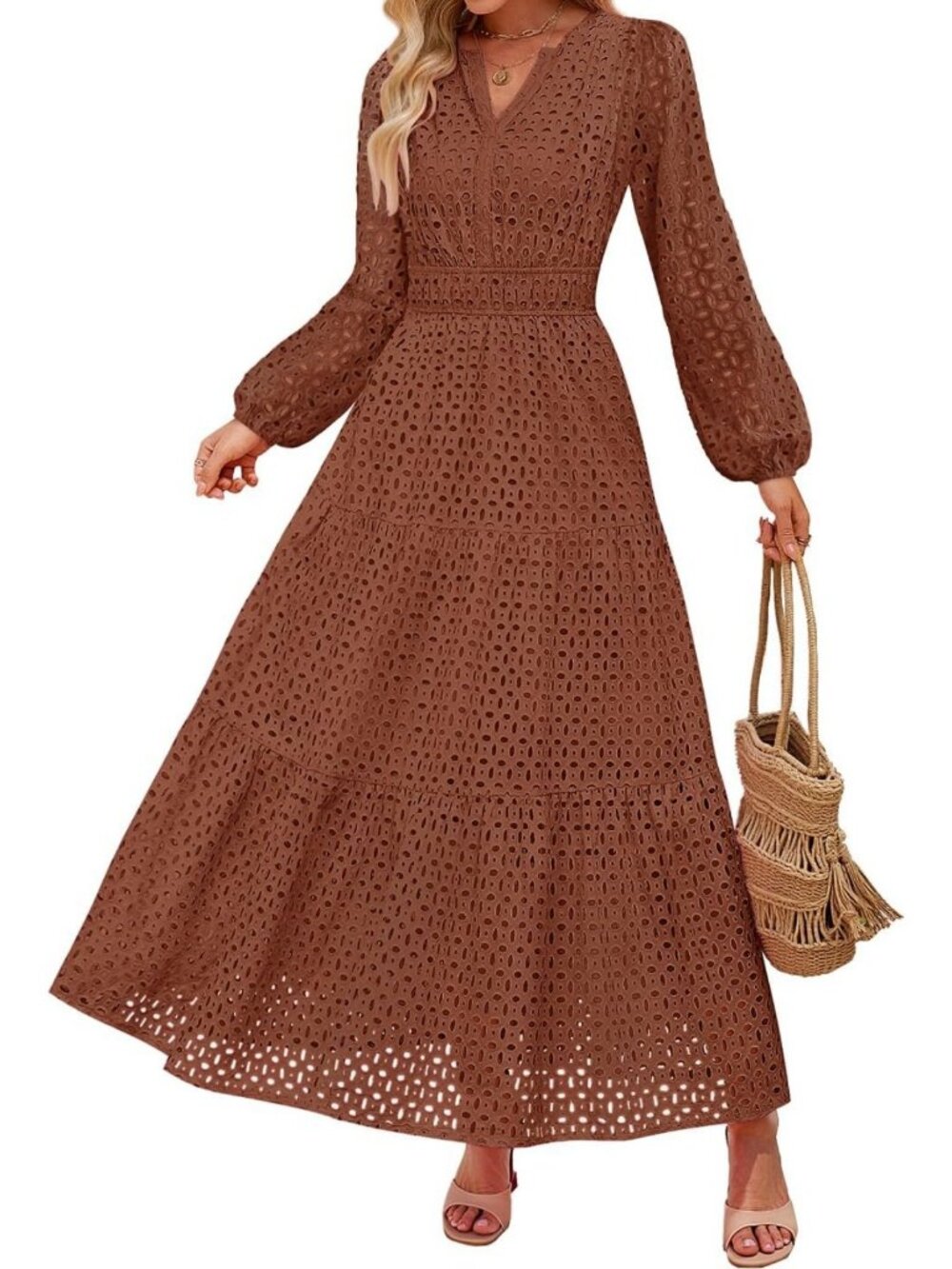 Chic Women's Long Sleeve Eyelet Maxi Dress - Perfect for Fall Fashion 2026